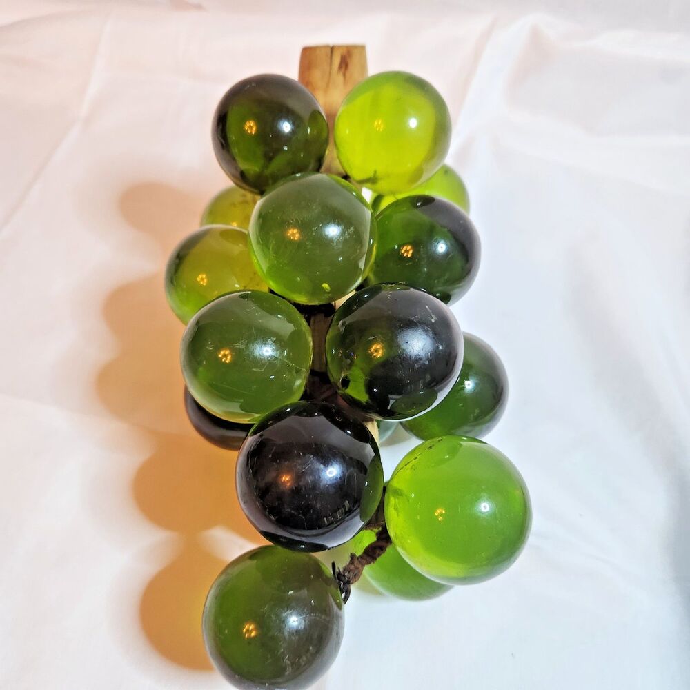 Vintage Green Lucite Grape Cluster Wood Stem 12in MCM Retro Decor